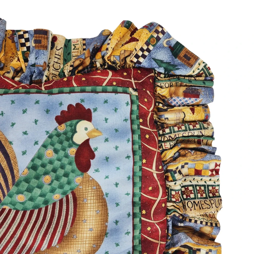 Rooster Throw Pillow Cover & Insert 18x18 inch Ruffle Edge Blue Red Green Bright